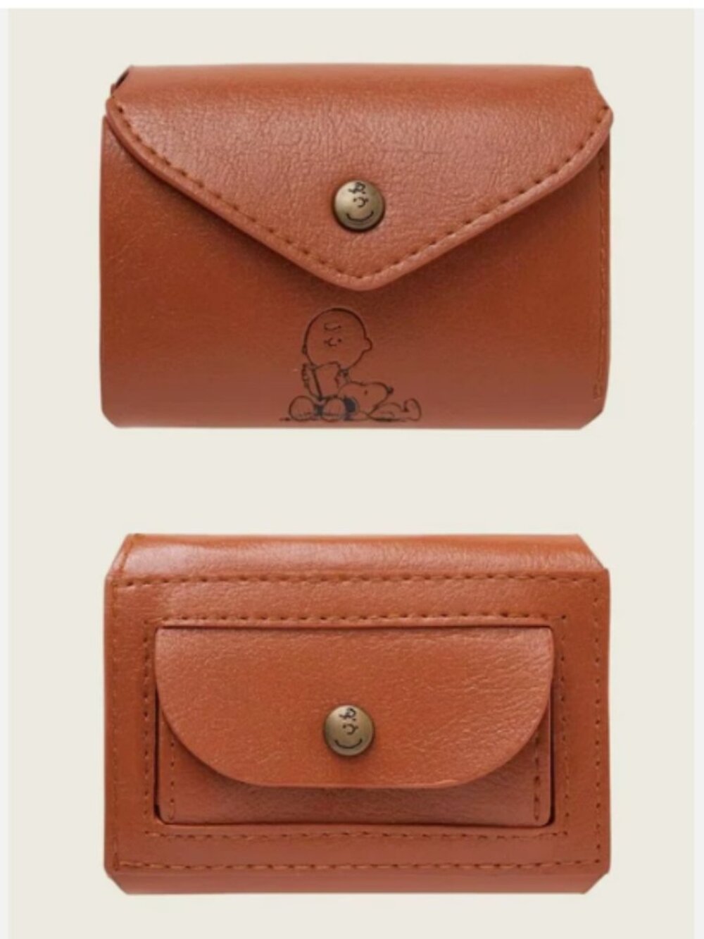 Dog Snoopy Brown Chestnut Faux Leather Bifold Wallet ID Money Coin Case Snap Key